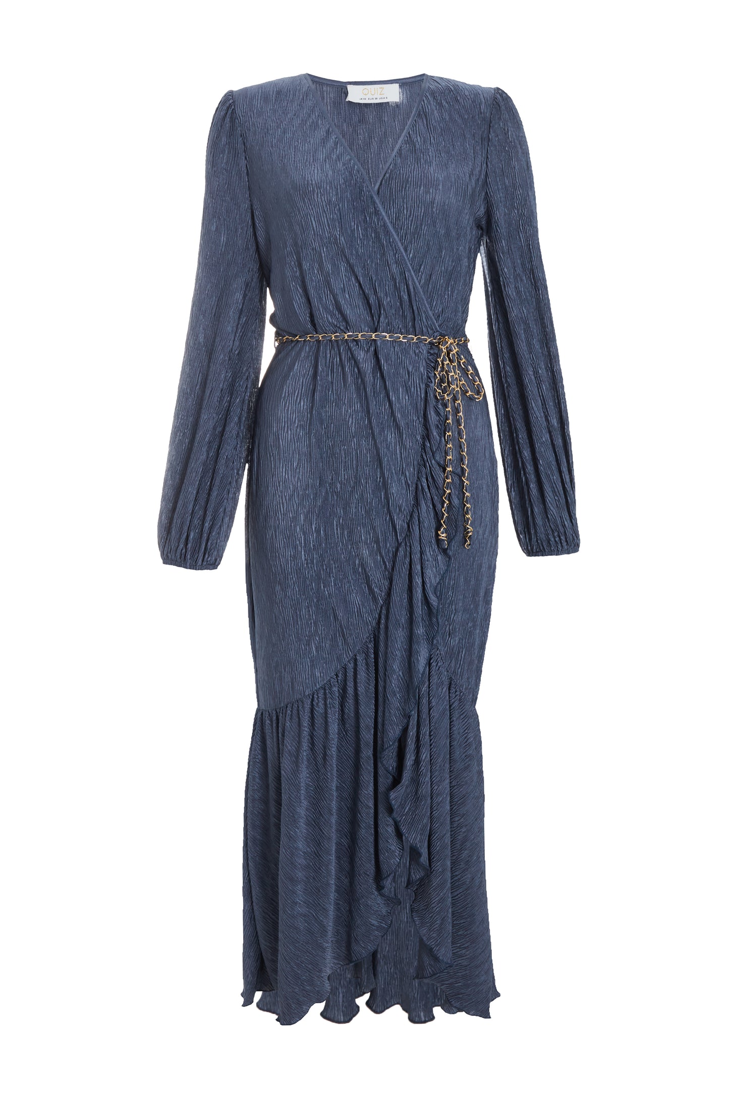 Dark Blue Plisse Wrap Chain Dress