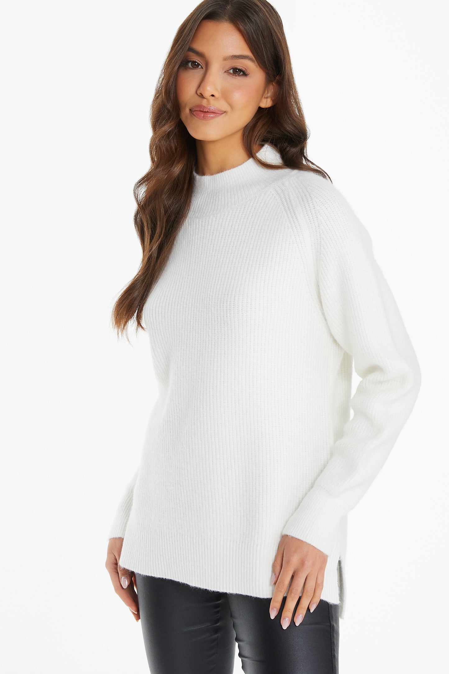 Cream Fluffy Knit High Neck Long Sleeve Jumper