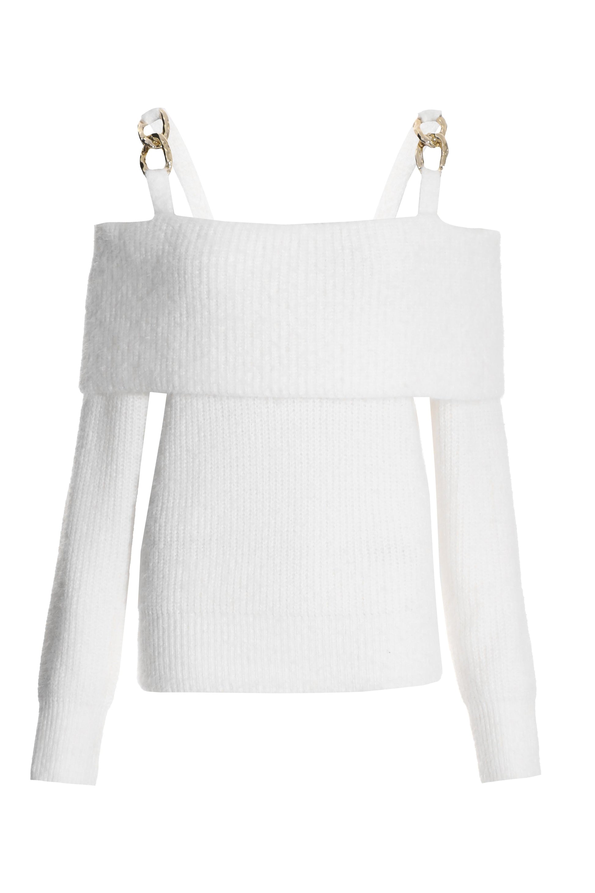 Cream Knit Fluffy Off Shoulder Jumper — L