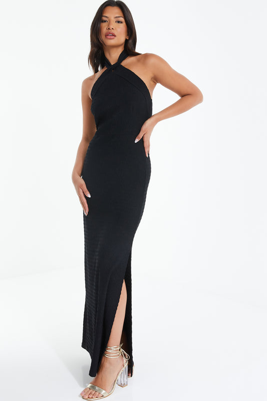 Black Haltered Textured Maxi Dress