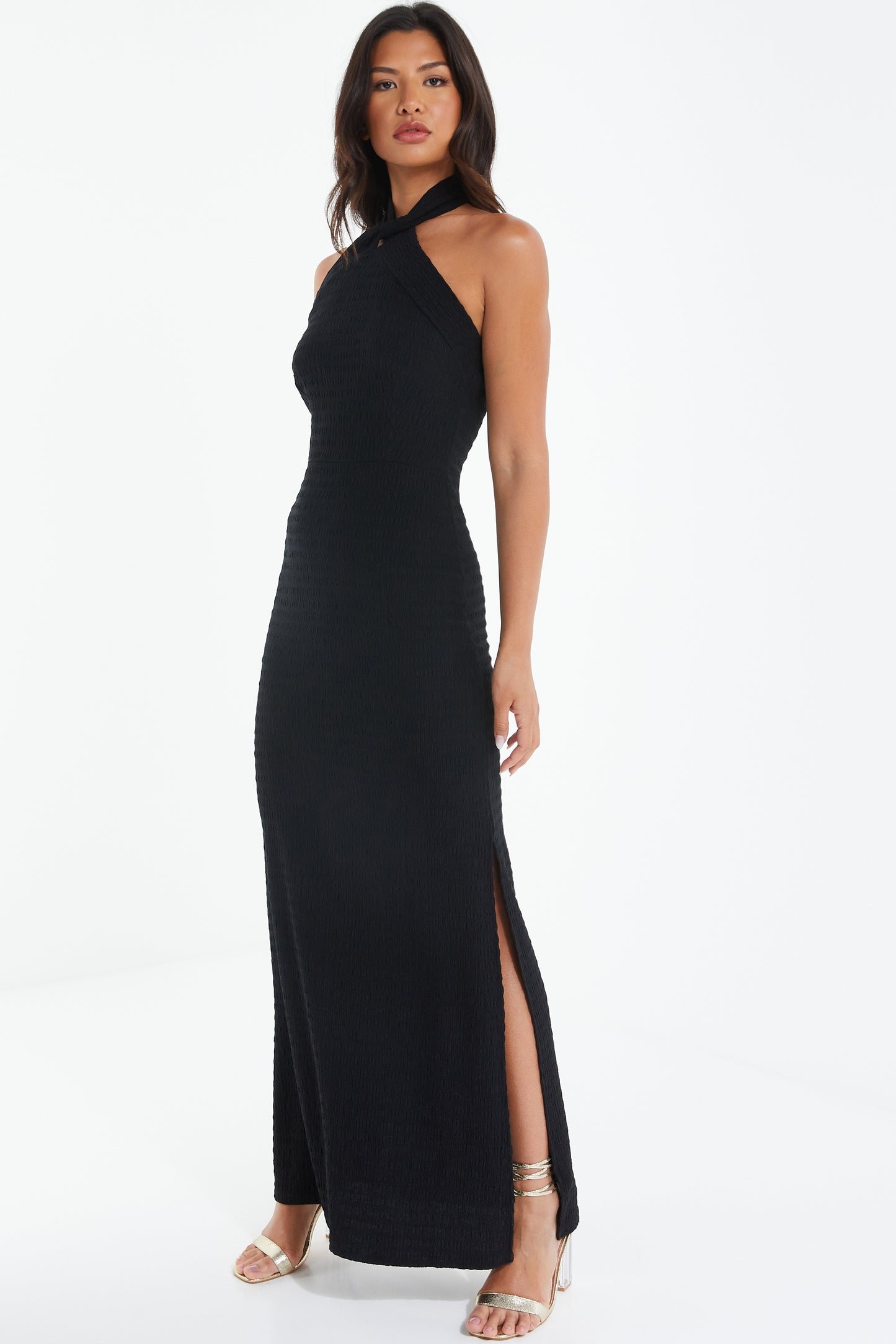 Black Haltered Textured Maxi Dress