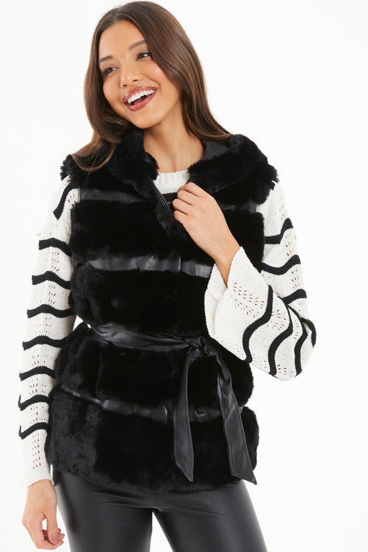 Black Faux Fur Belted Gilet
