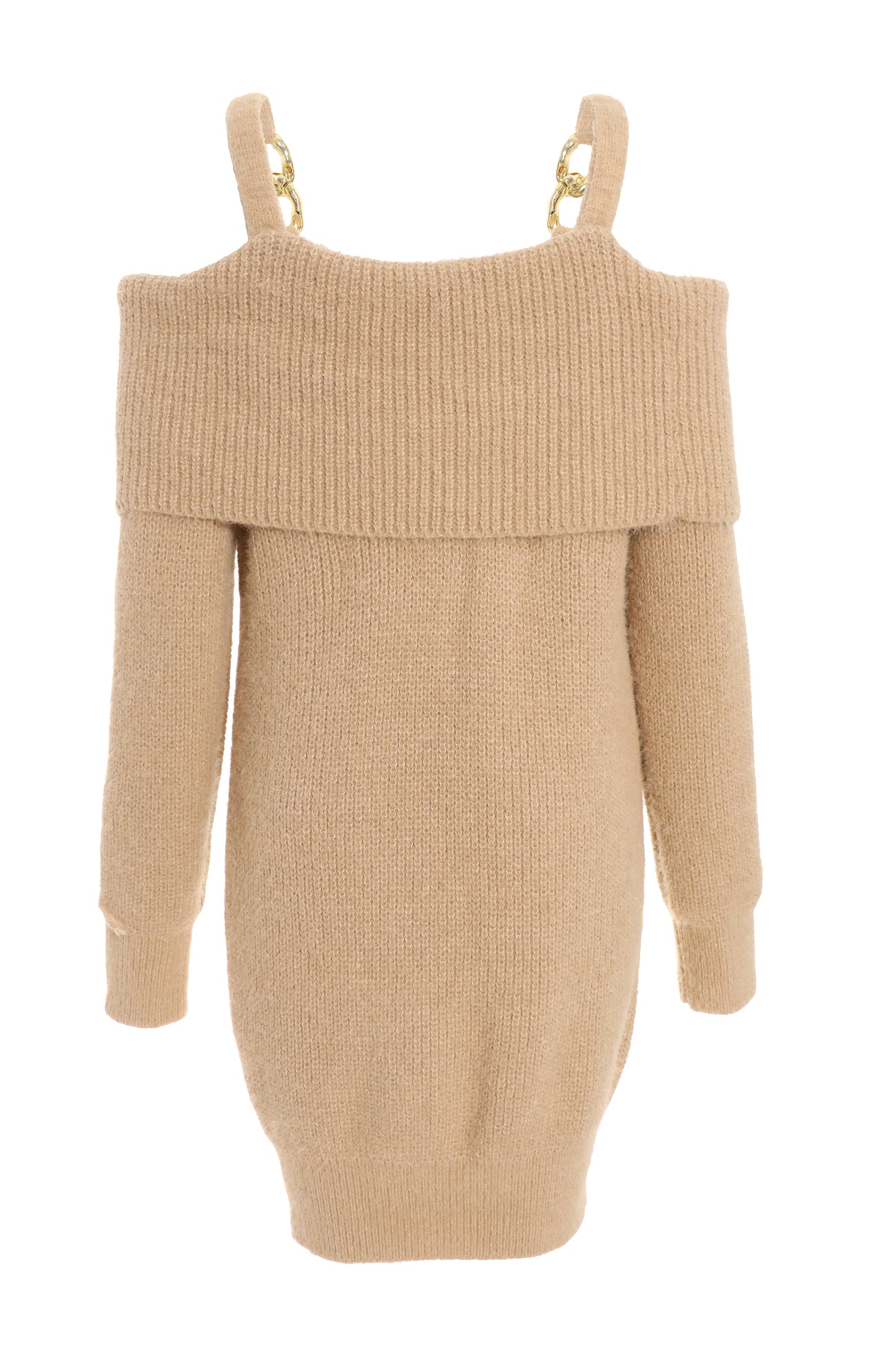 Stone knit fluffy off shoulder gold chain detail dress