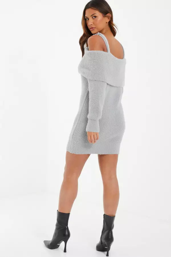 Grey Knitted Cold Shoulder Jumper Dress