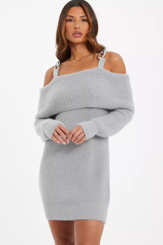 Grey Knitted Cold Shoulder Jumper Dress