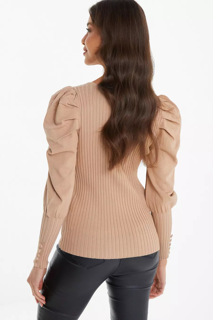 Mocha Light Knit Puff Sleeve Jumper