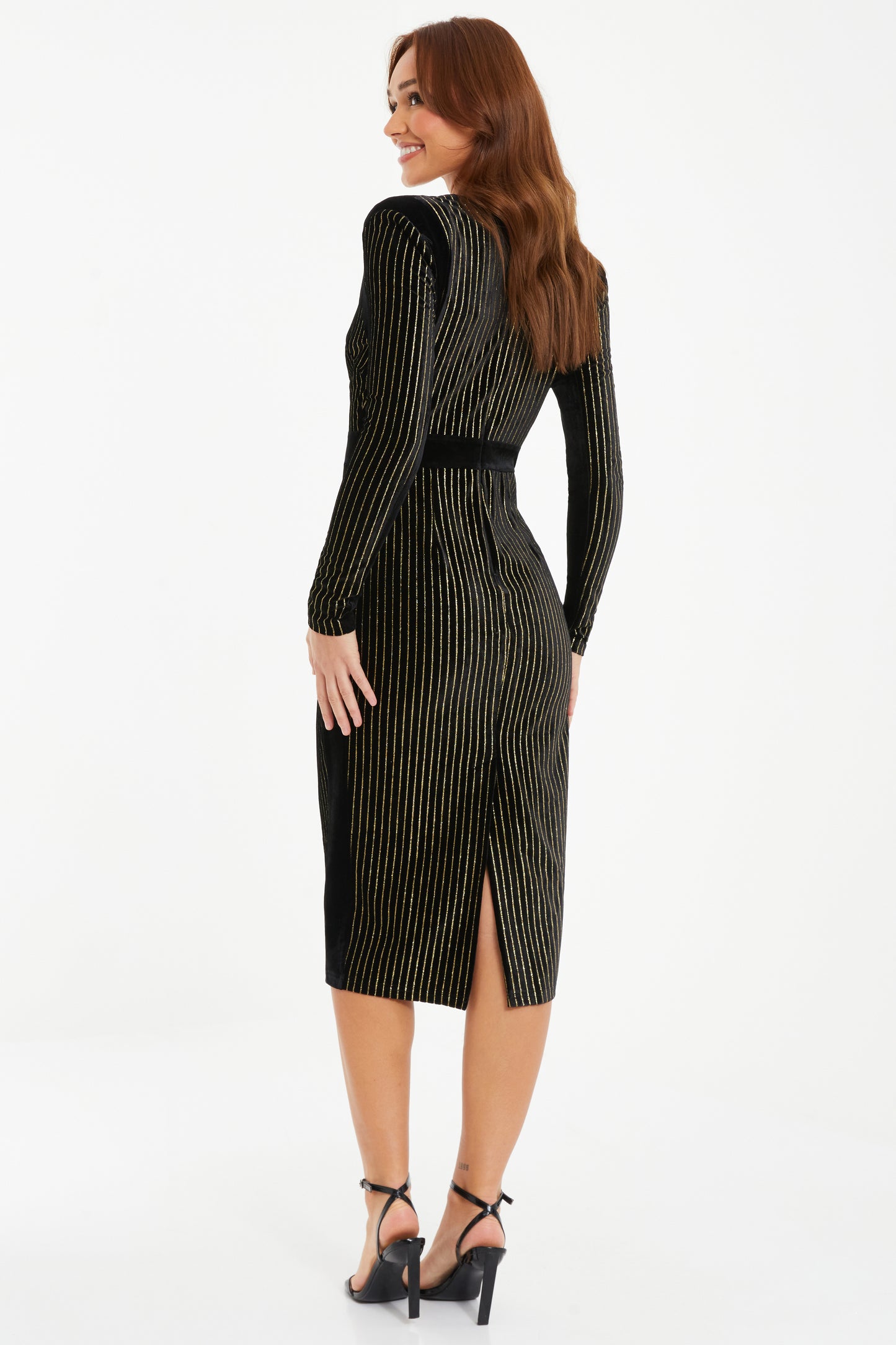 BLK/GLD Velvet Stripe Wrap Midi Dress