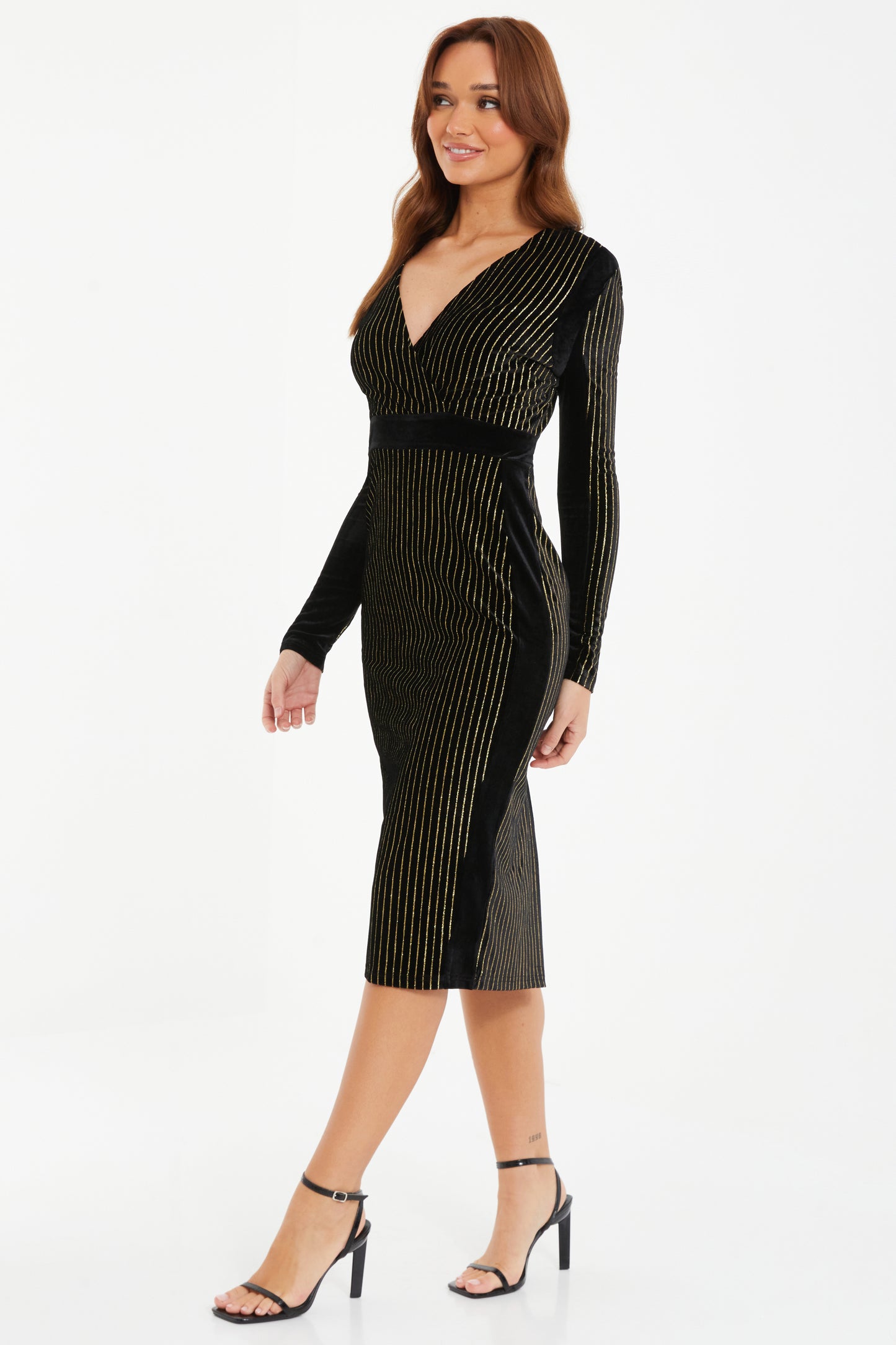 BLK/GLD Velvet Stripe Wrap Midi Dress