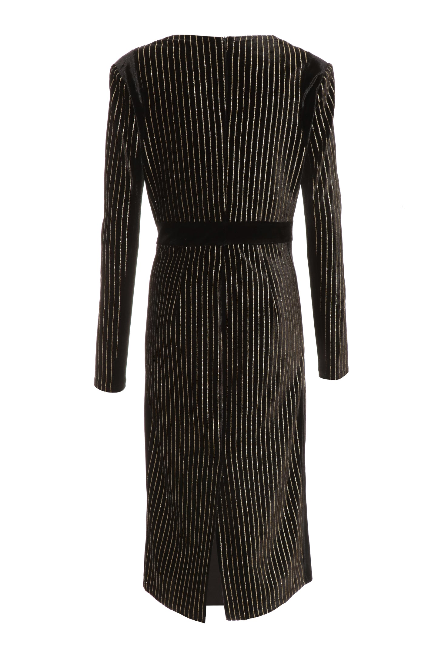 BLK/GLD Velvet Stripe Wrap Midi Dress