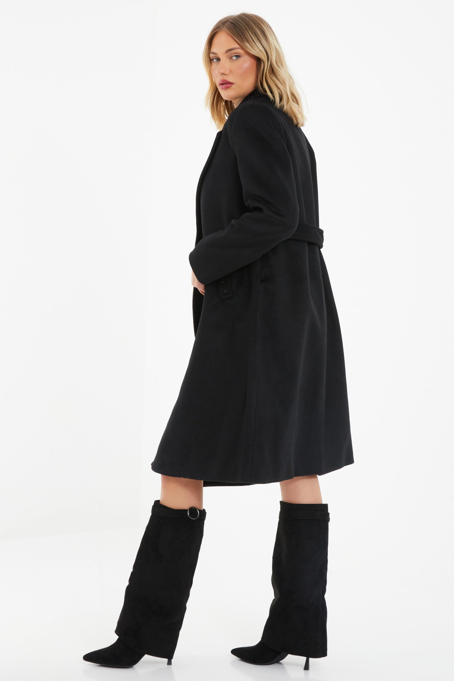 Black Stud Trim Tie Belt Coat