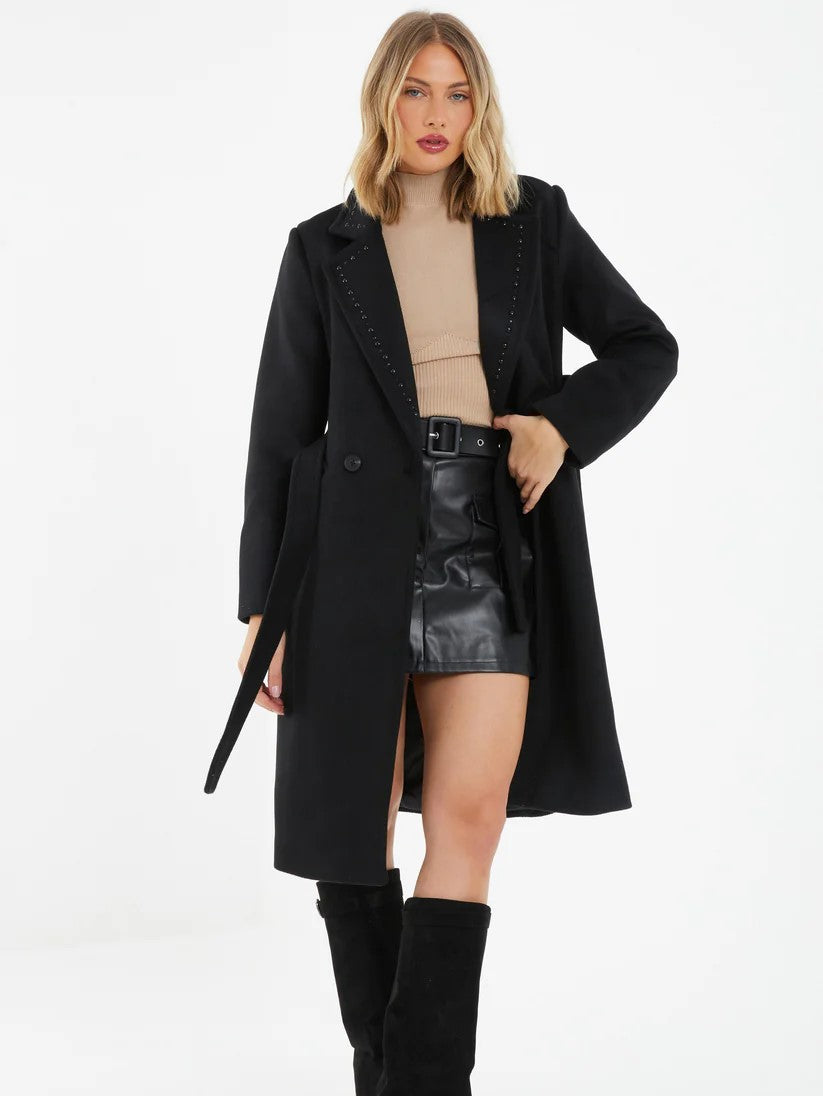 Black Stud Trim Tie Belt Coat