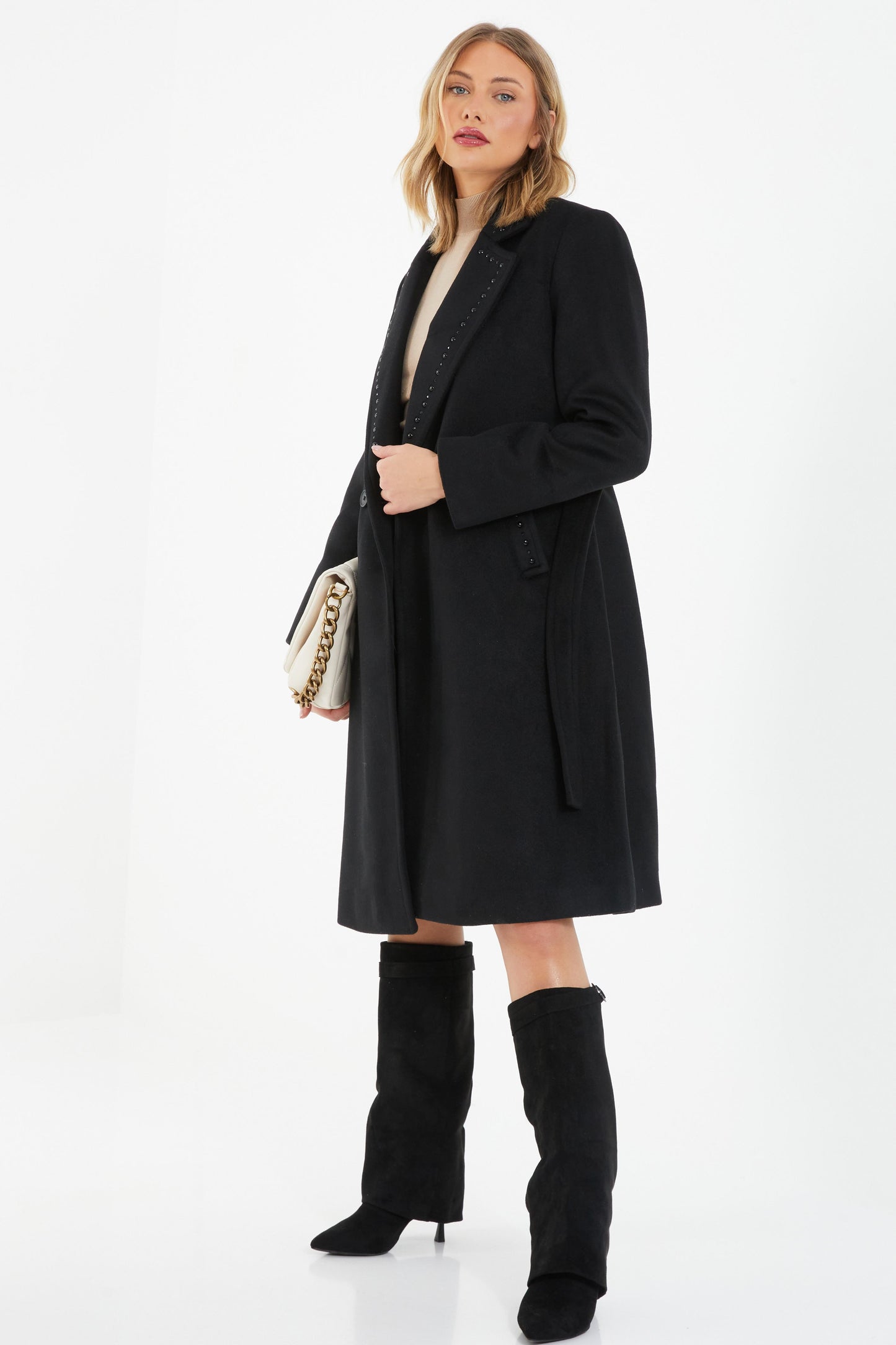 Black Stud Trim Tie Belt Coat