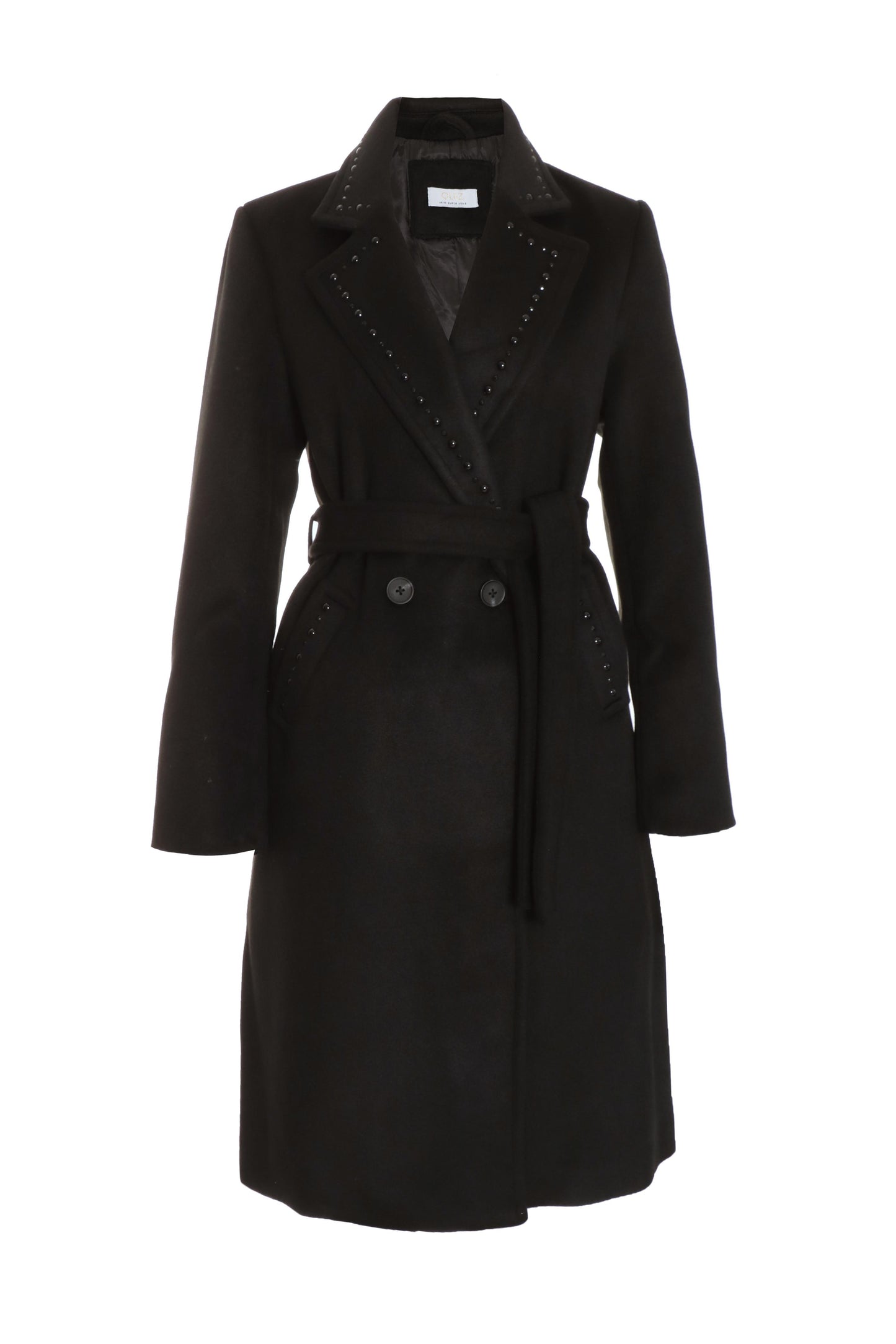 Black Stud Trim Tie Belt Coat