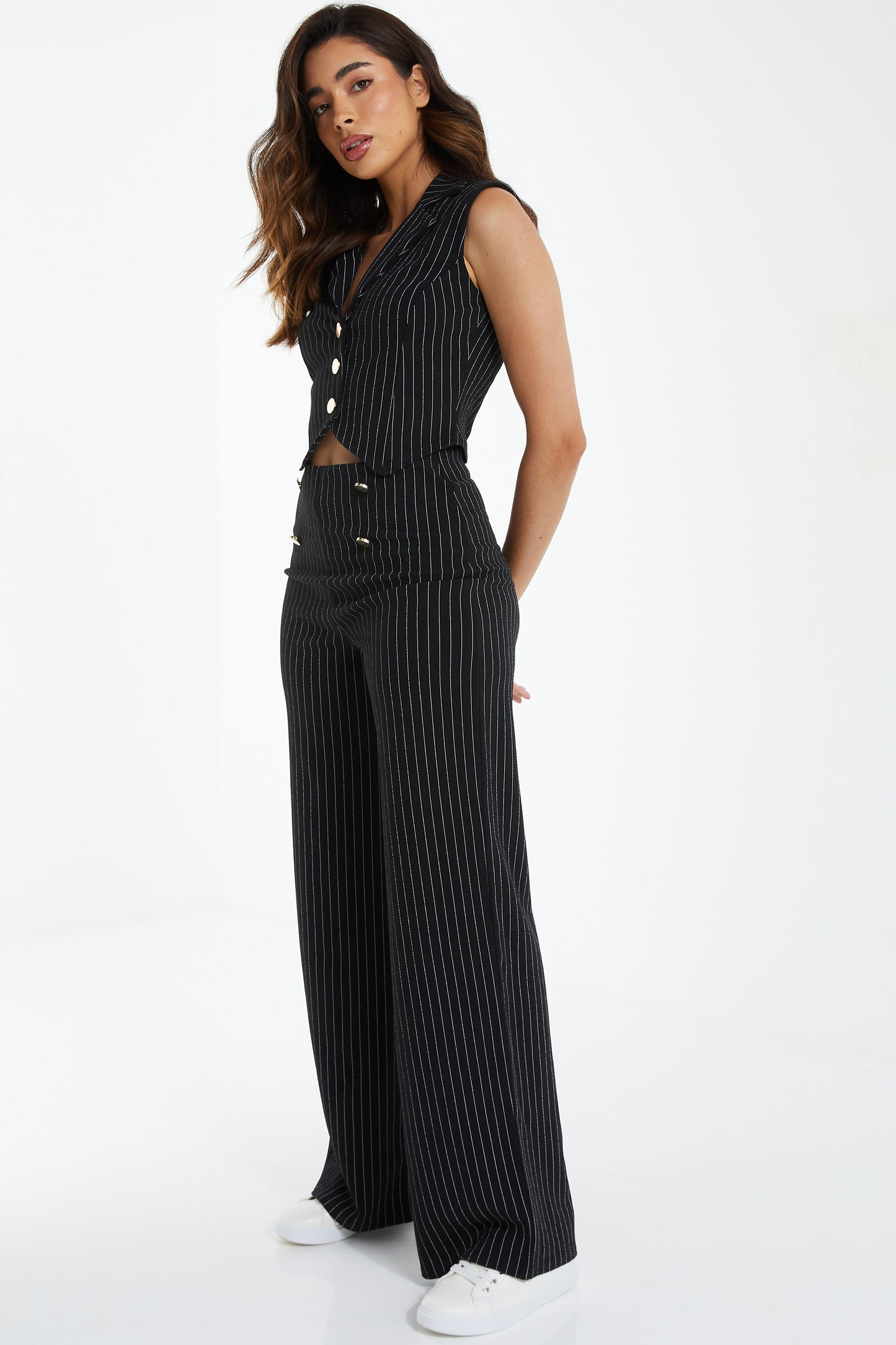 Black/White Crepe Pin Stripe Button Detail Waist Coat