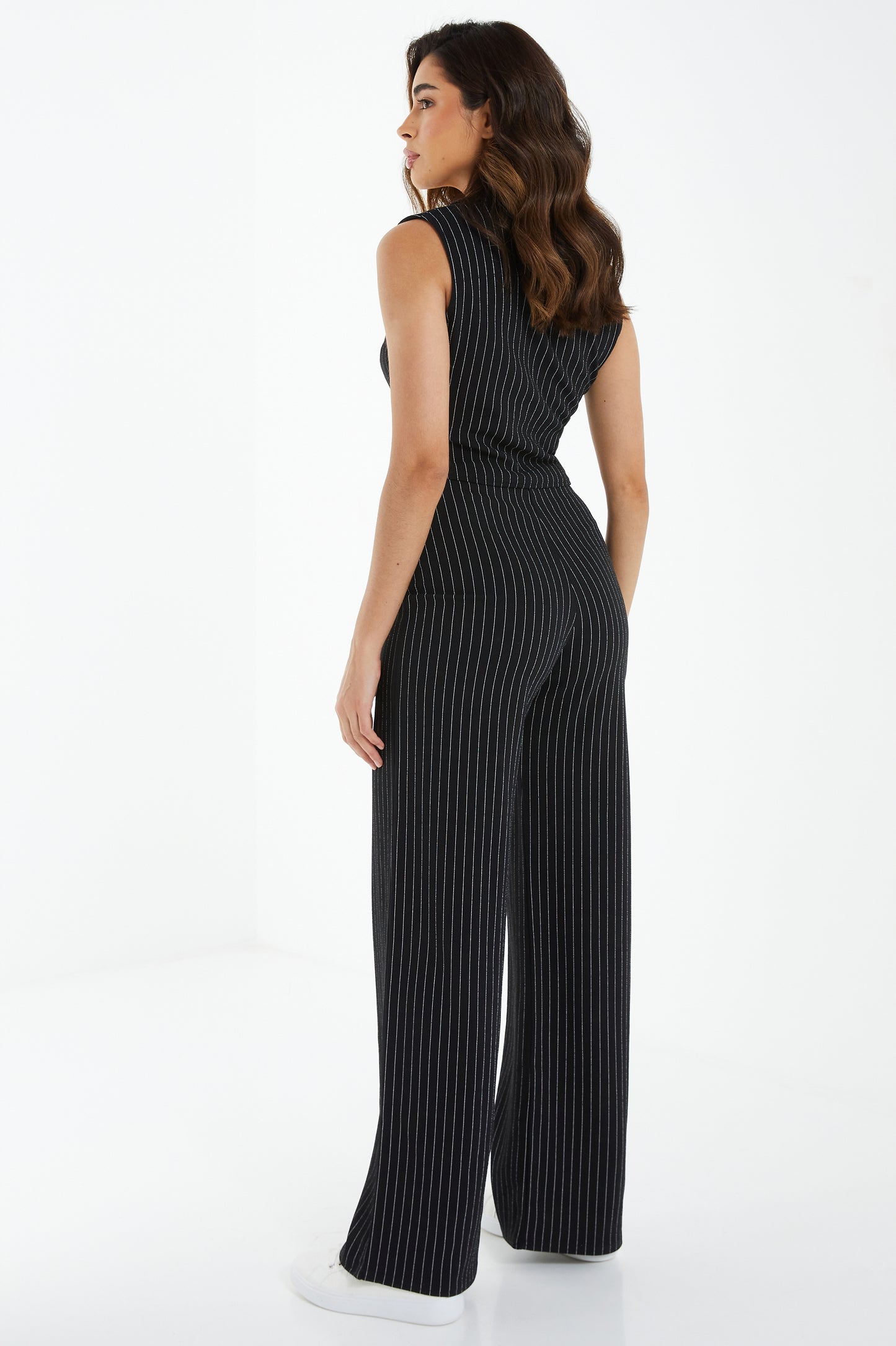 Black/White Scuba Crepe Pinstripe Button Palazzo Trousers