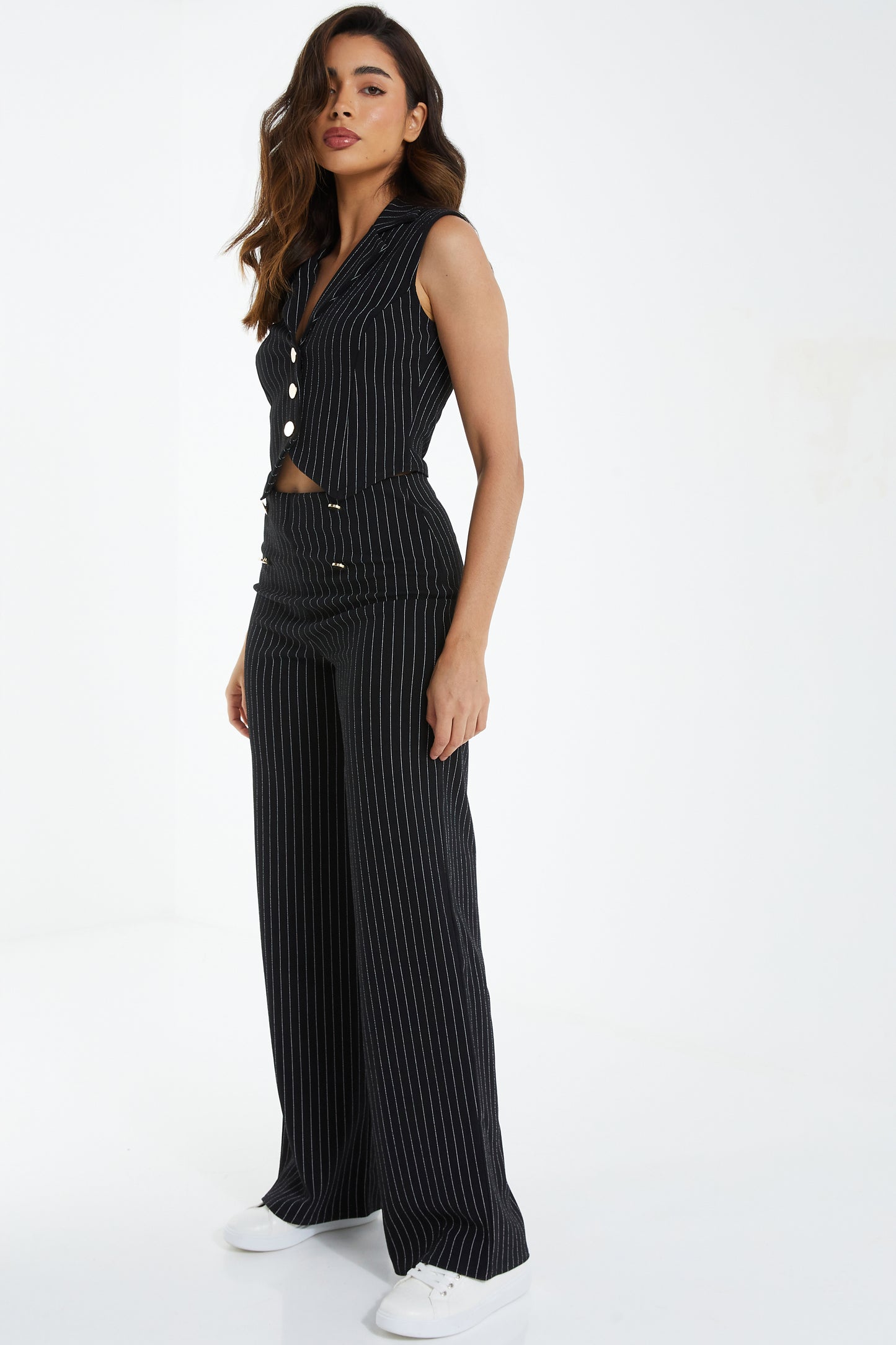 Black/White Scuba Crepe Pinstripe Button Palazzo Trousers