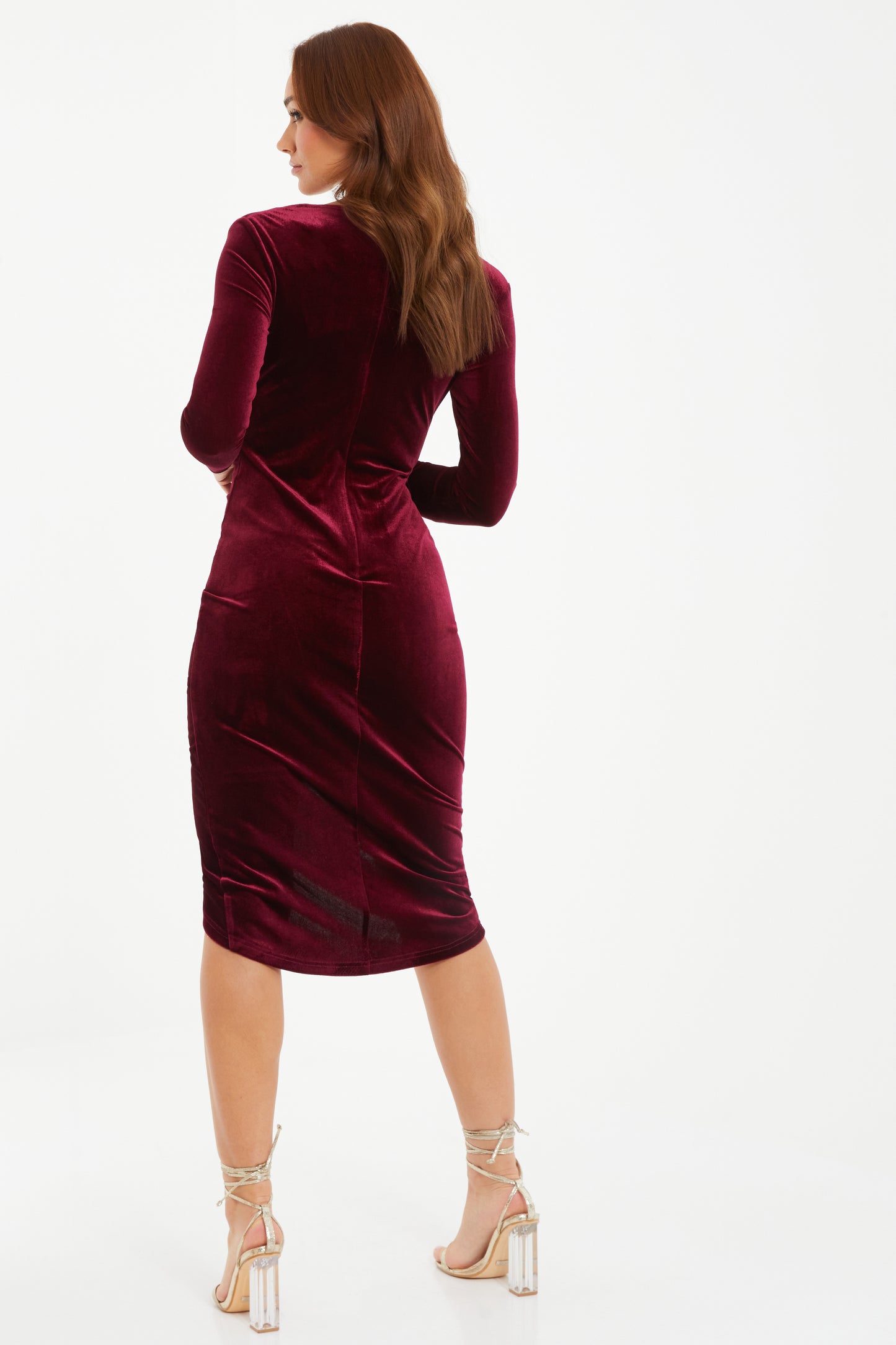 Berry Velvet V Neck Midi Dress
