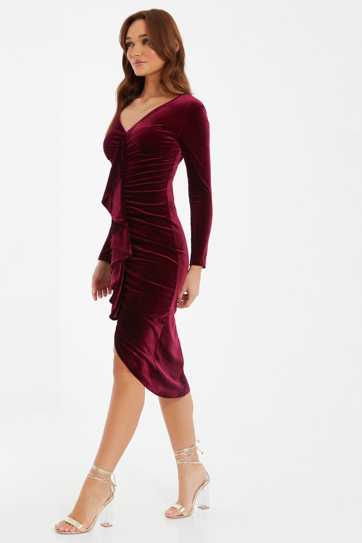 Berry Velvet V Neck Midi Dress
