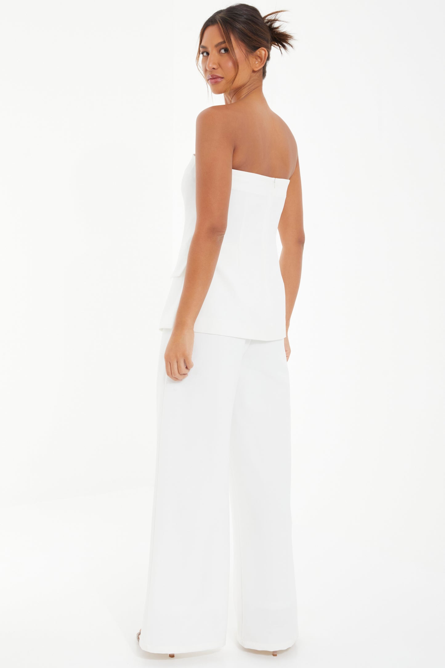White Woven Diamanté Trim Detail High Waist Trouser