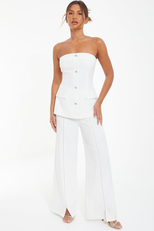White Woven Diamanté Trim Detail High Waist Trouser
