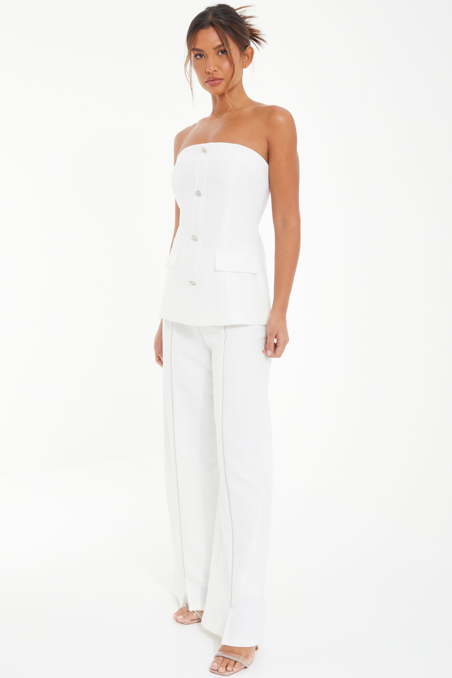 White Woven Diamanté Trim Detail High Waist Trouser