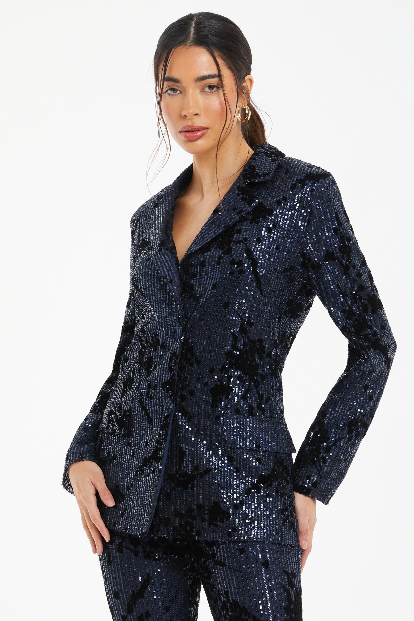 Navy Sequin Flocked Tailored Blazer