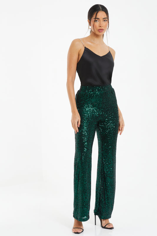 Bottle Green Sequin High Waist Trouser