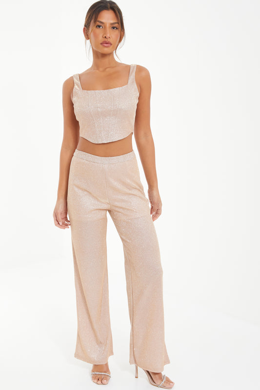 Champagne Glitter Woven Palazzo Trousers