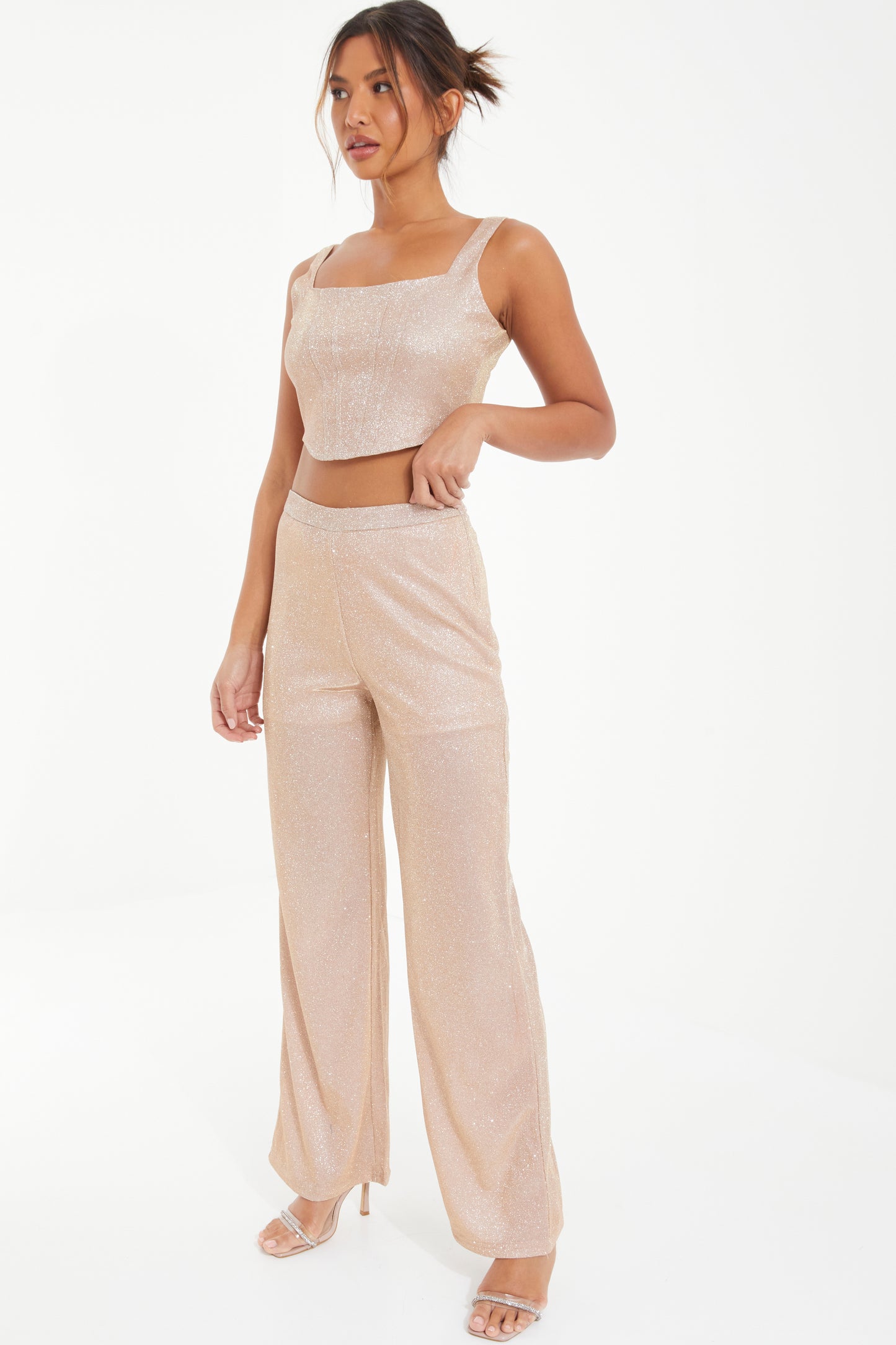 Champagne Glitter Woven Palazzo Trousers
