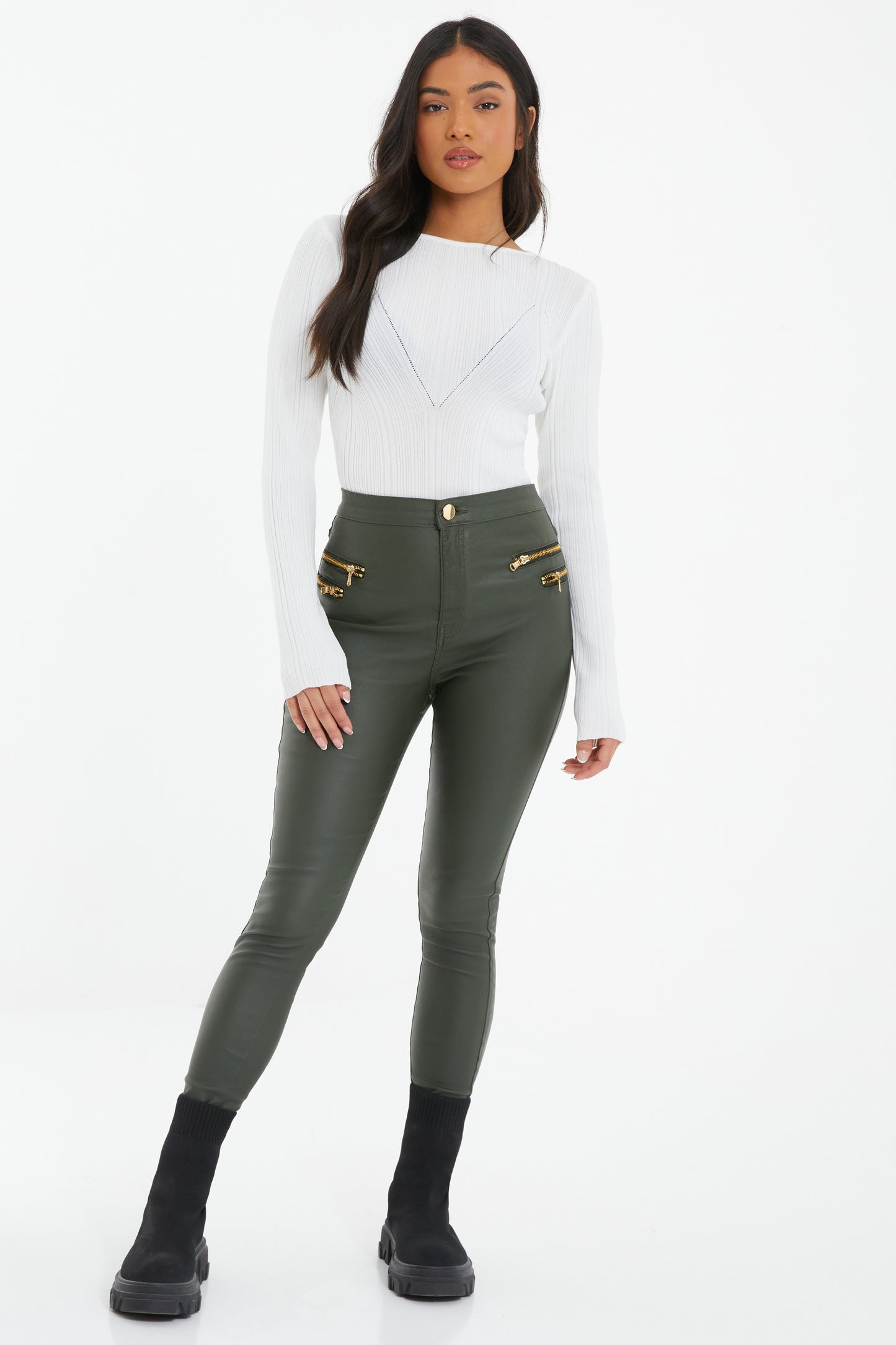 Petite Khaki Zip High Waist Detailed Legging