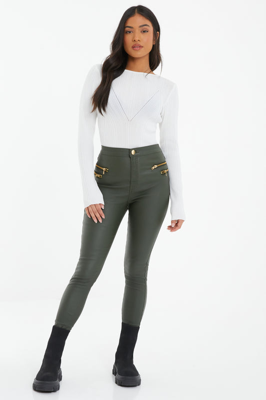 Petite Khaki Zip High Waist Detailed Legging