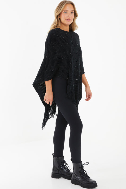 Black Sequin Fine Knit Poncho