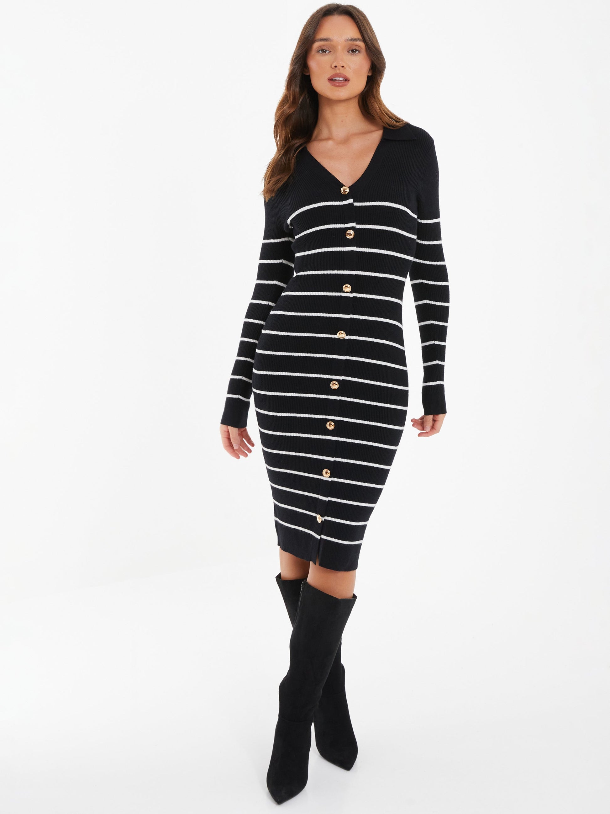 Black/Cream Knit Strip Midi Dress — Black / S Small 6