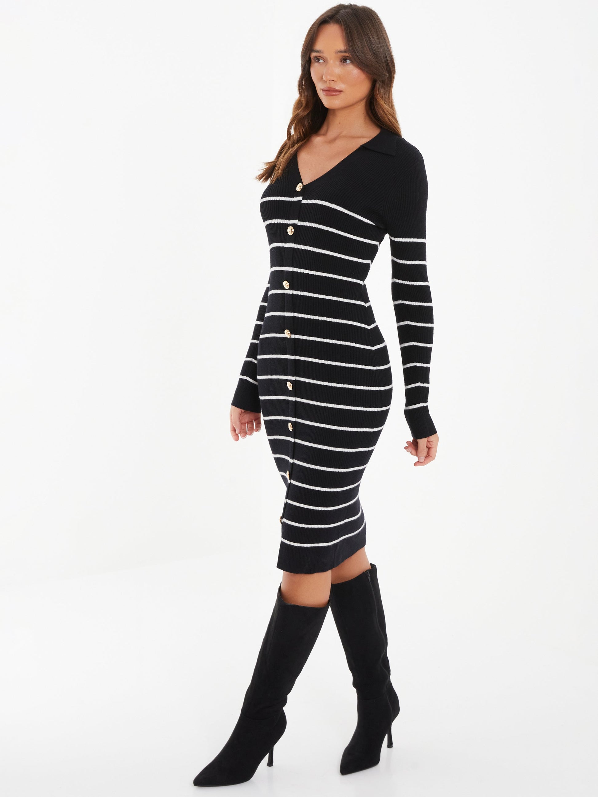 Black/Cream Knit Strip Midi Dress — Black / S Small 6