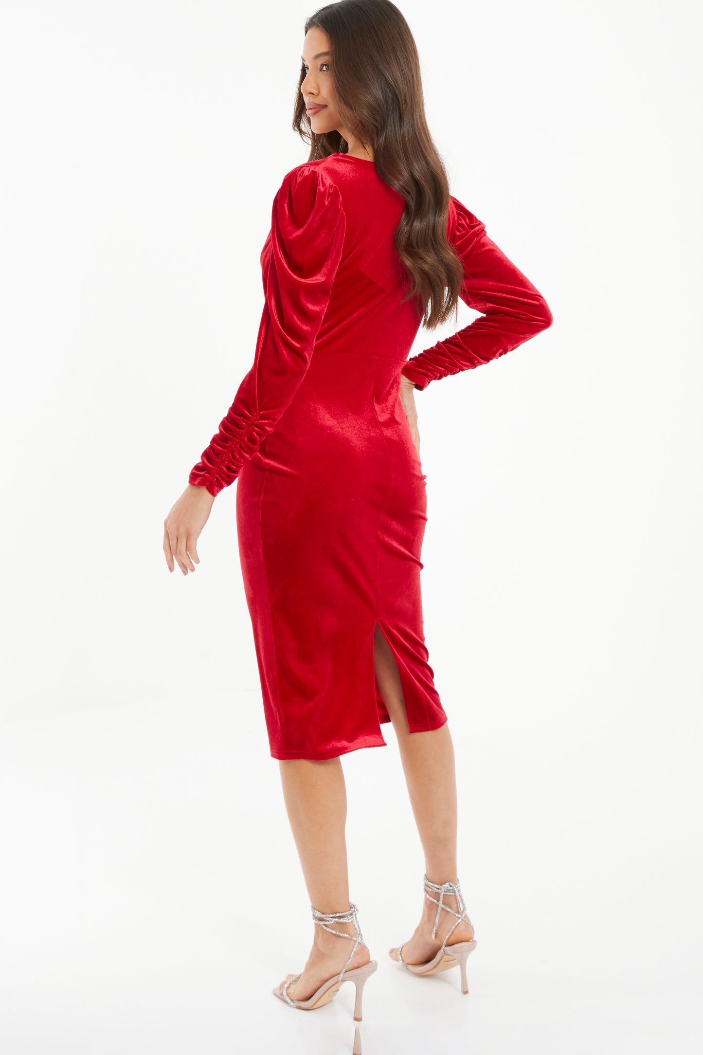 Red Velvet Wrap Puff Sleeve Midi Dress