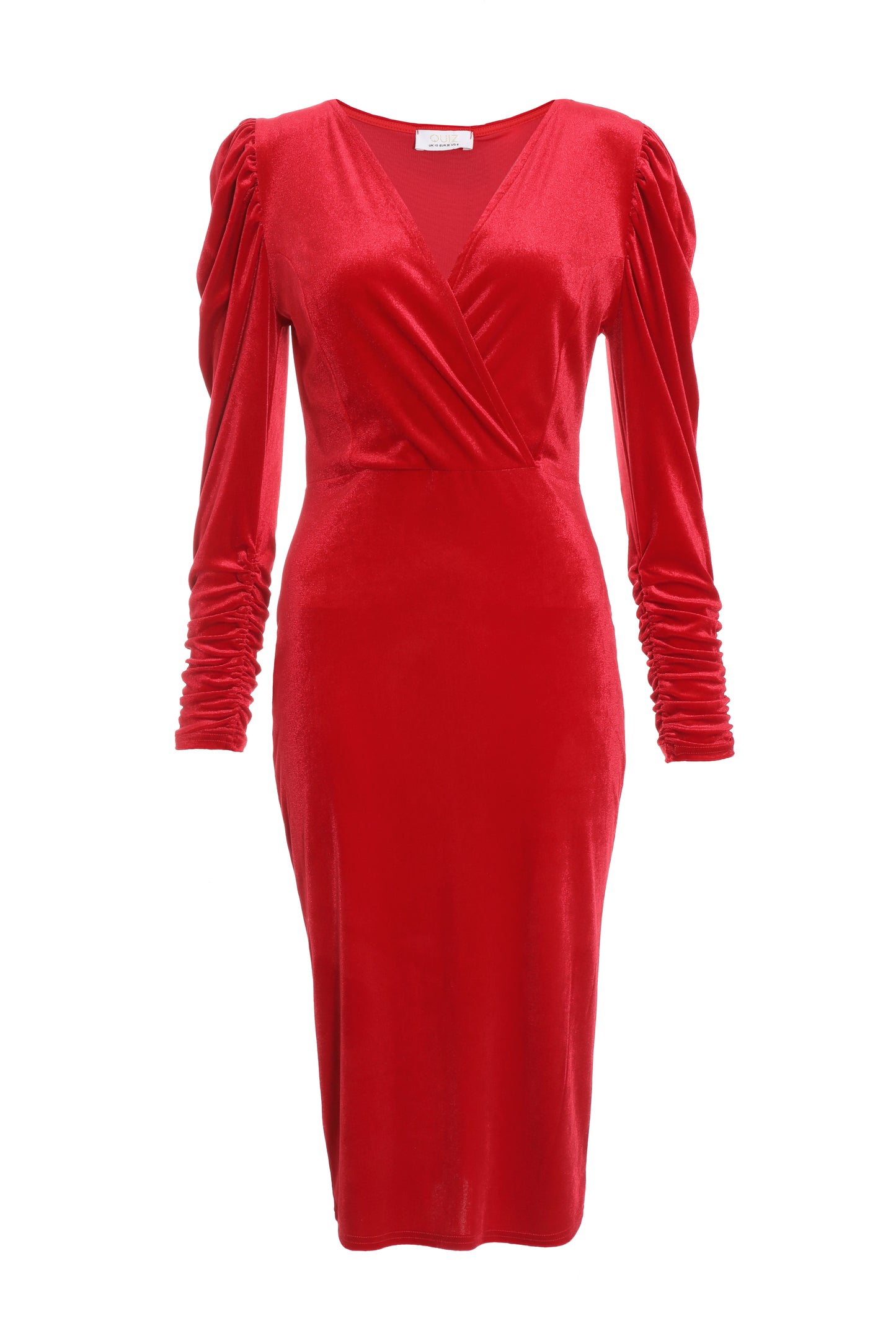 Red Velvet Wrap Puff Sleeve Midi Dress