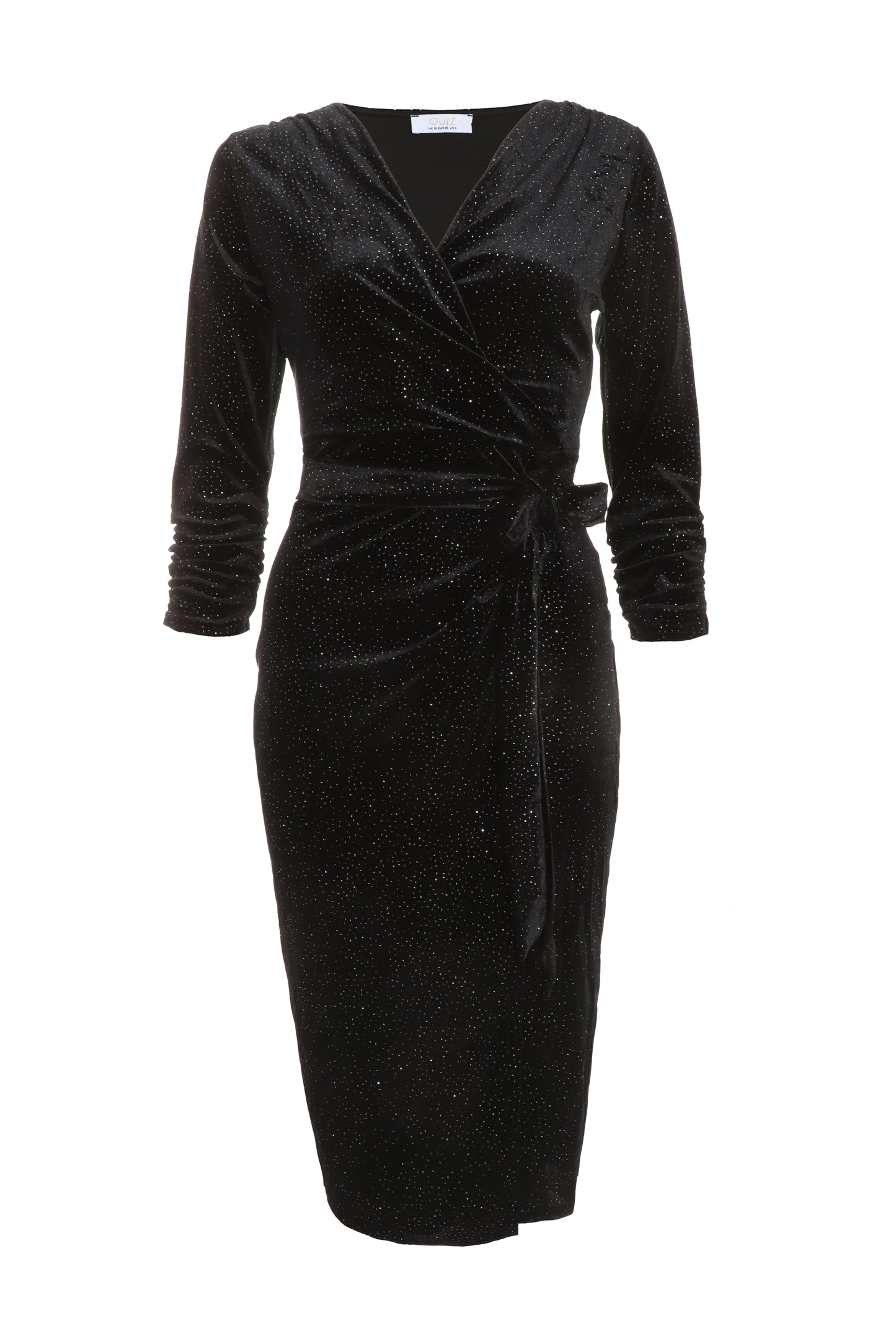 Black Velvet Glitter Long Sleeve Midi Wrap Dress