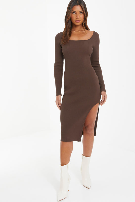 Brown Knit Long Sleeve Bodycon Midi Dress