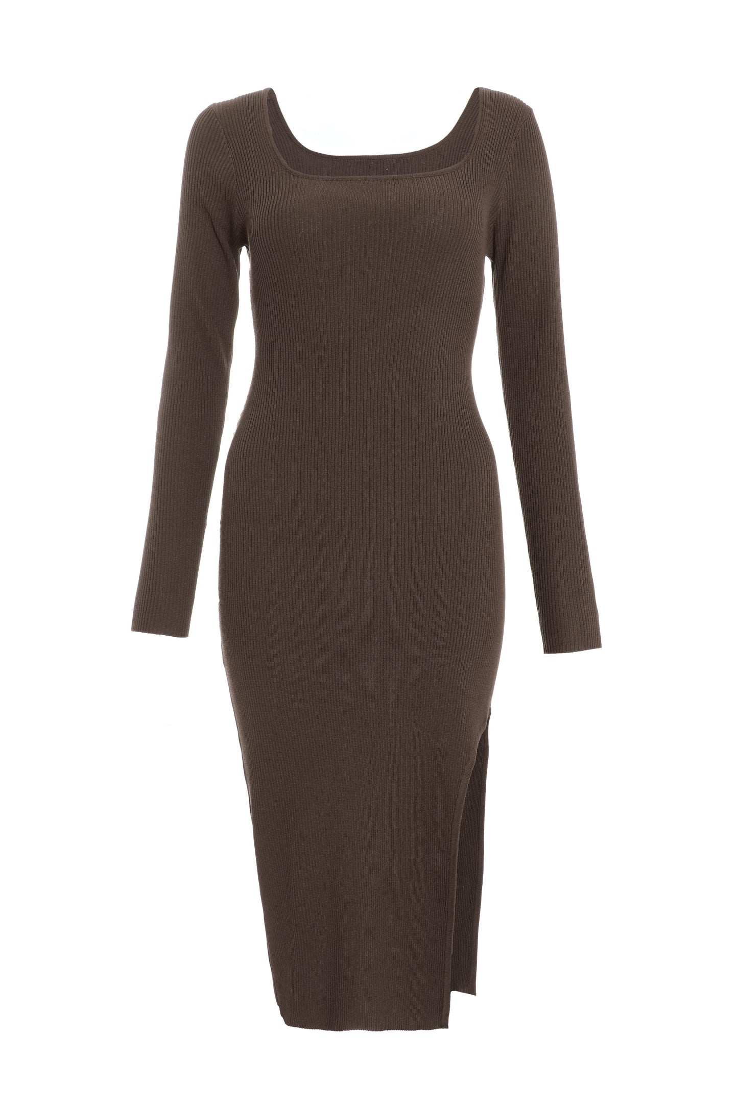 Brown Knit Long Sleeve Bodycon Midi Dress