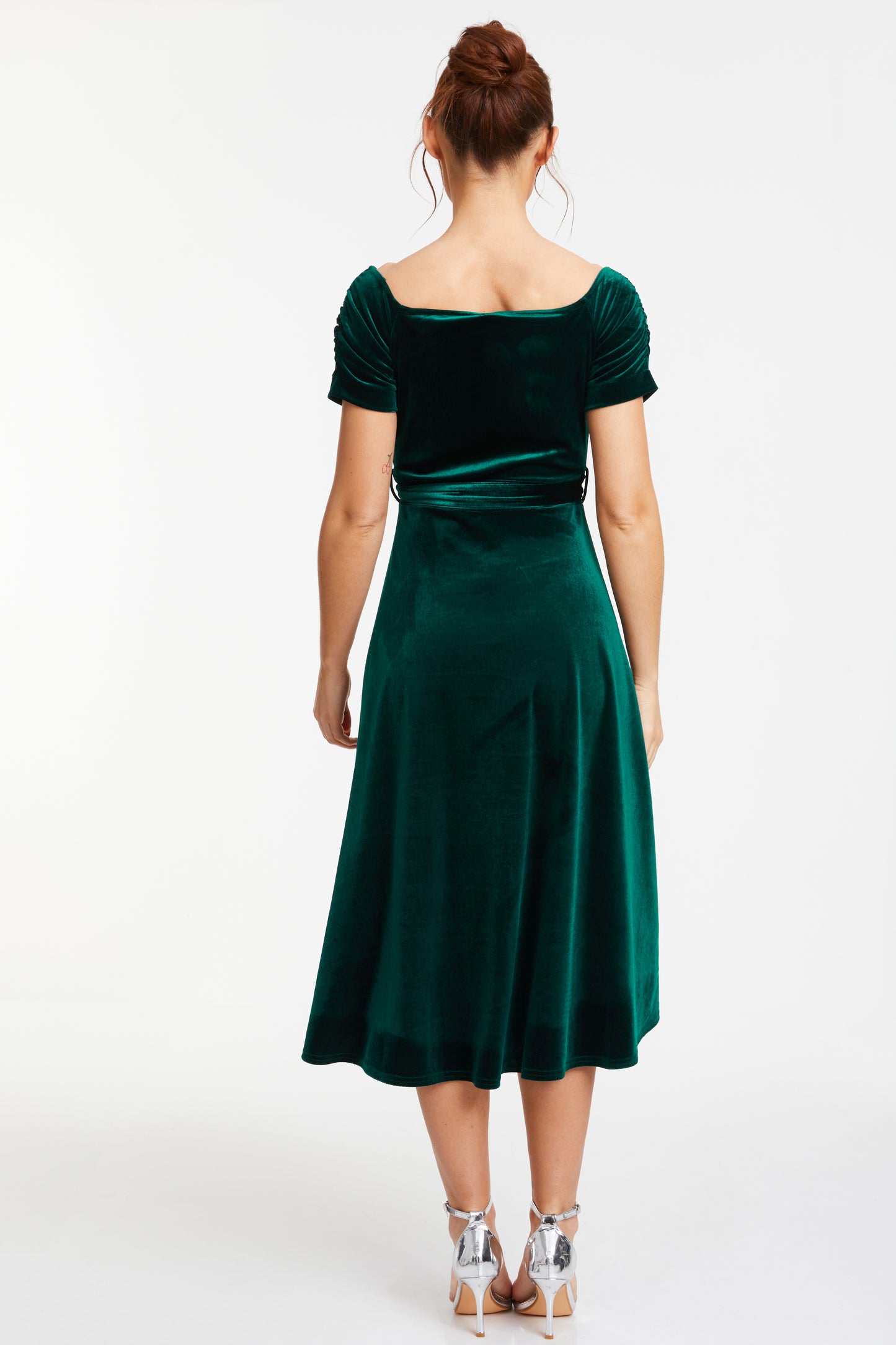 Bottle Green Velvet Bardot Dip Hem Dress