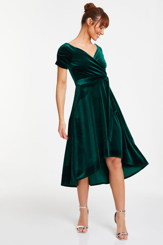 Bottle Green Velvet Bardot Dip Hem Dress