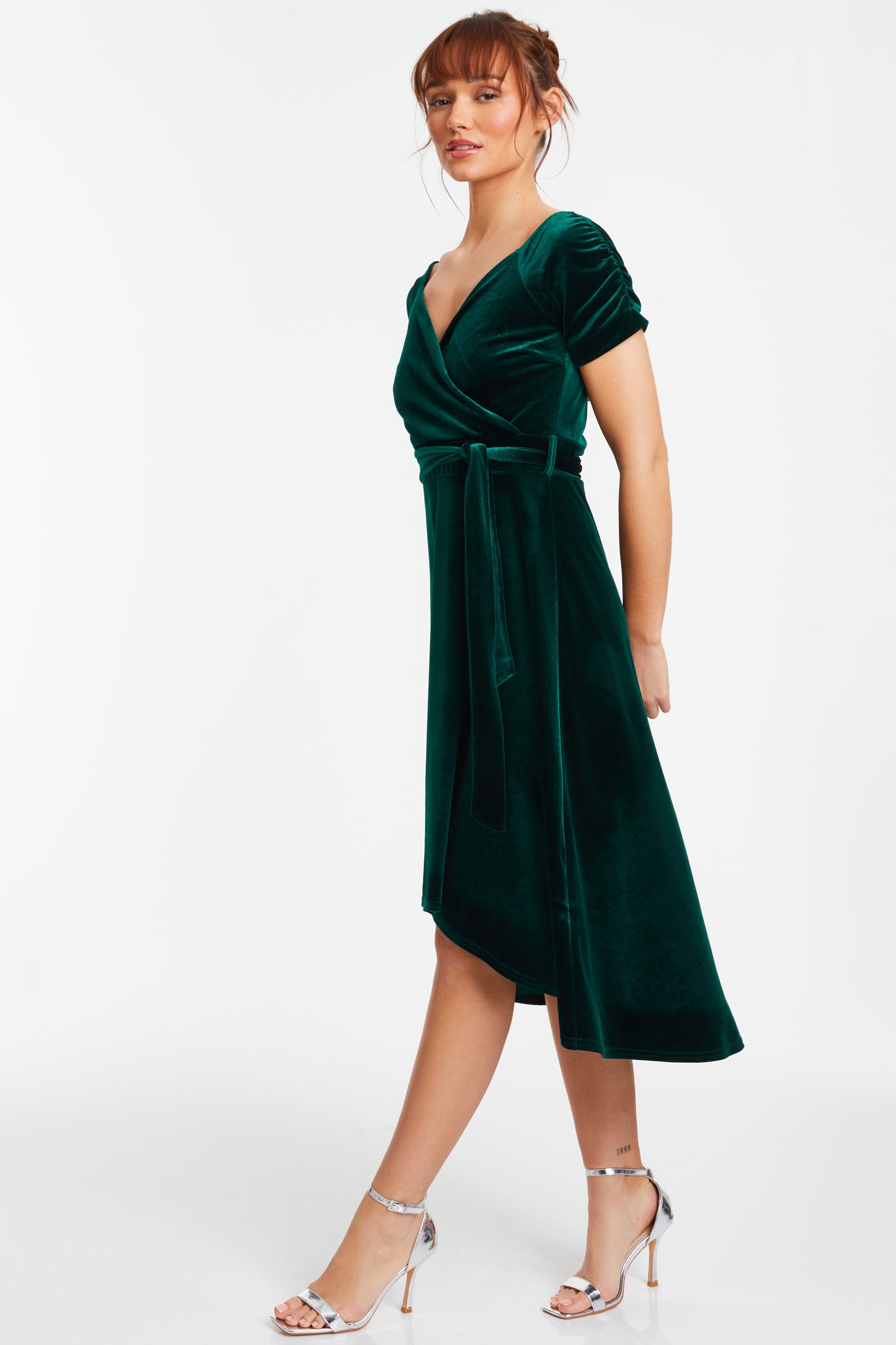 Bottle Green Velvet Bardot Dip Hem Dress