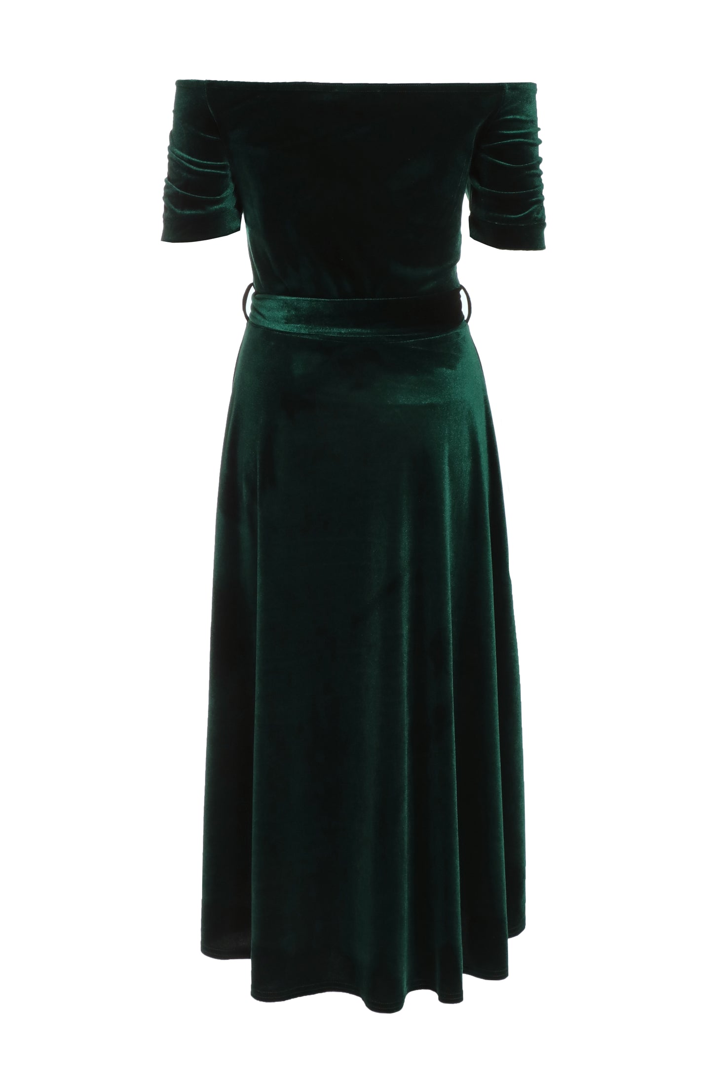 Bottle Green Velvet Bardot Dip Hem Dress