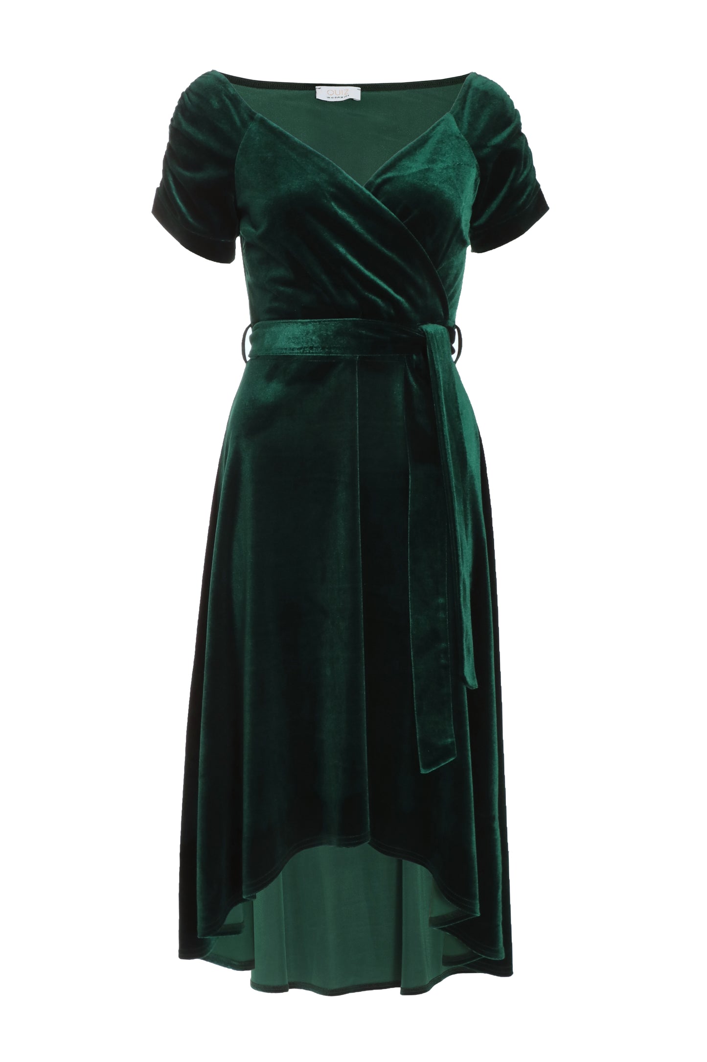Bottle Green Velvet Bardot Dip Hem Dress