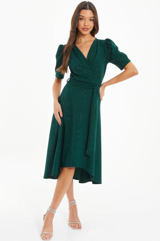 Bottle Green Glitter Wrap Dress