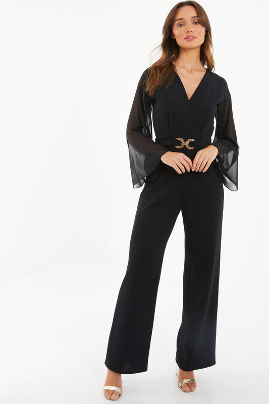 Black Front Wrap Chiffon Jumpsuit