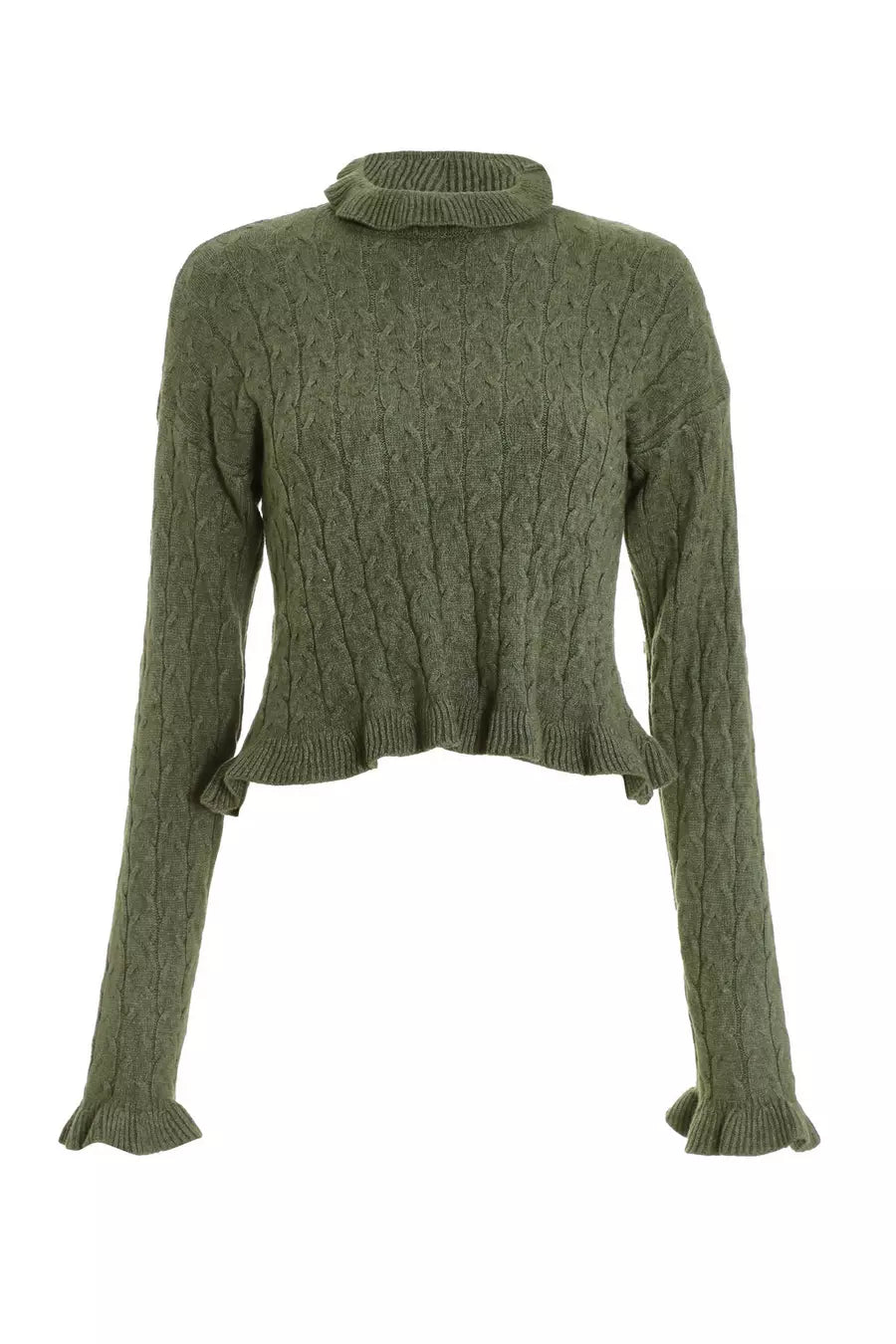 Khaki Knit High Neck Frill Jumper