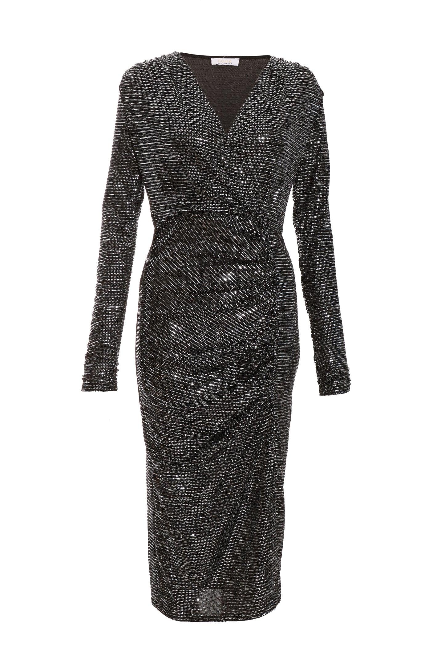 Gun-Metal Sequin Brillo Front Wrap Midi Dress