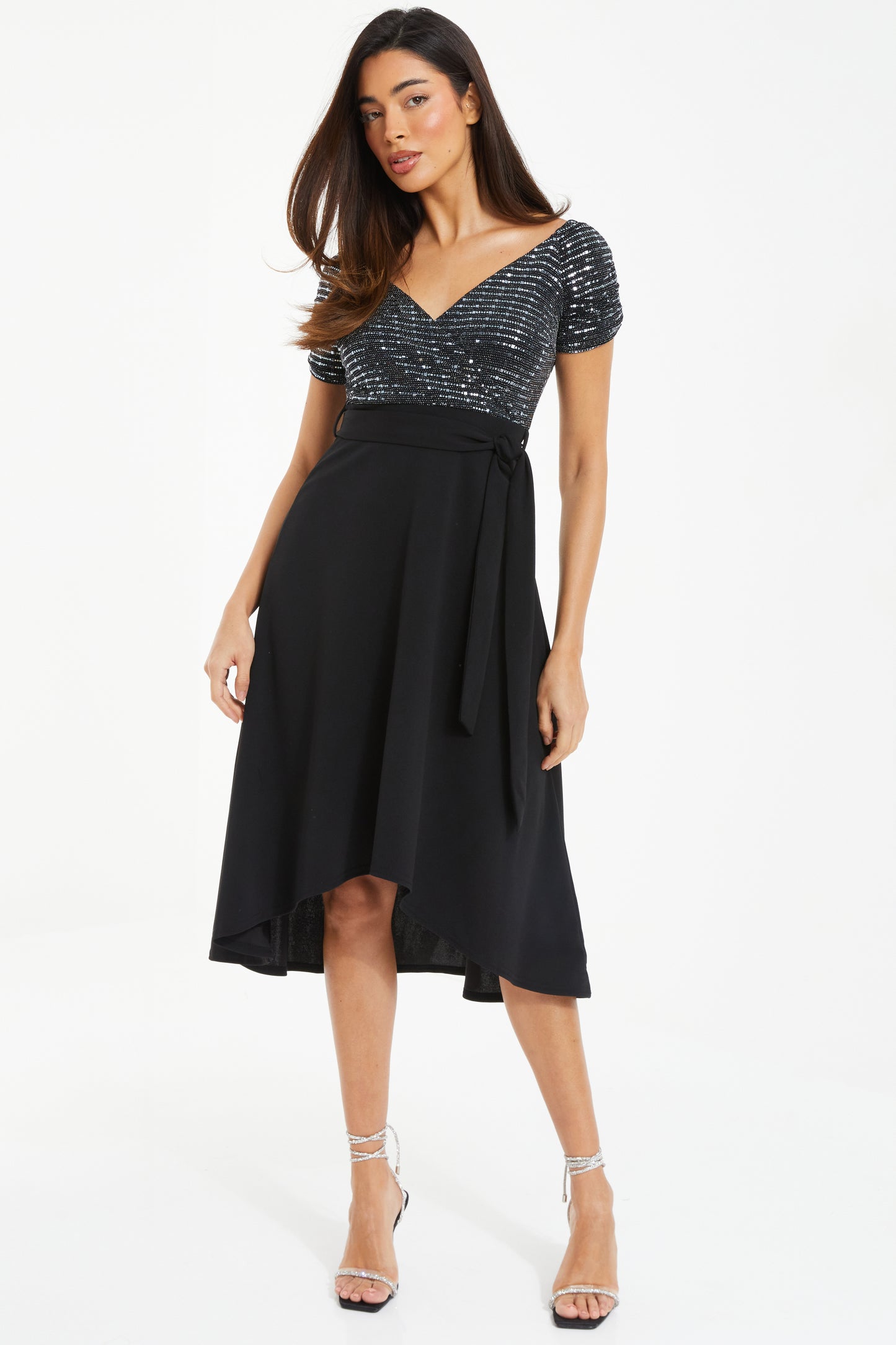 Gun-metal Brillo Black Scuba Dip Hem Dress