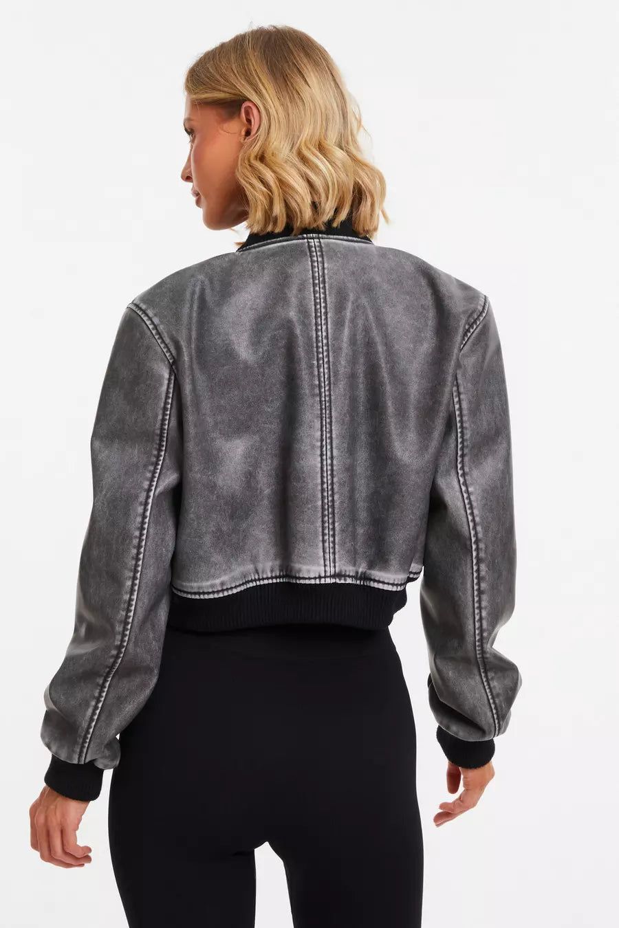 Grey Faux Leather Bomber Jacket